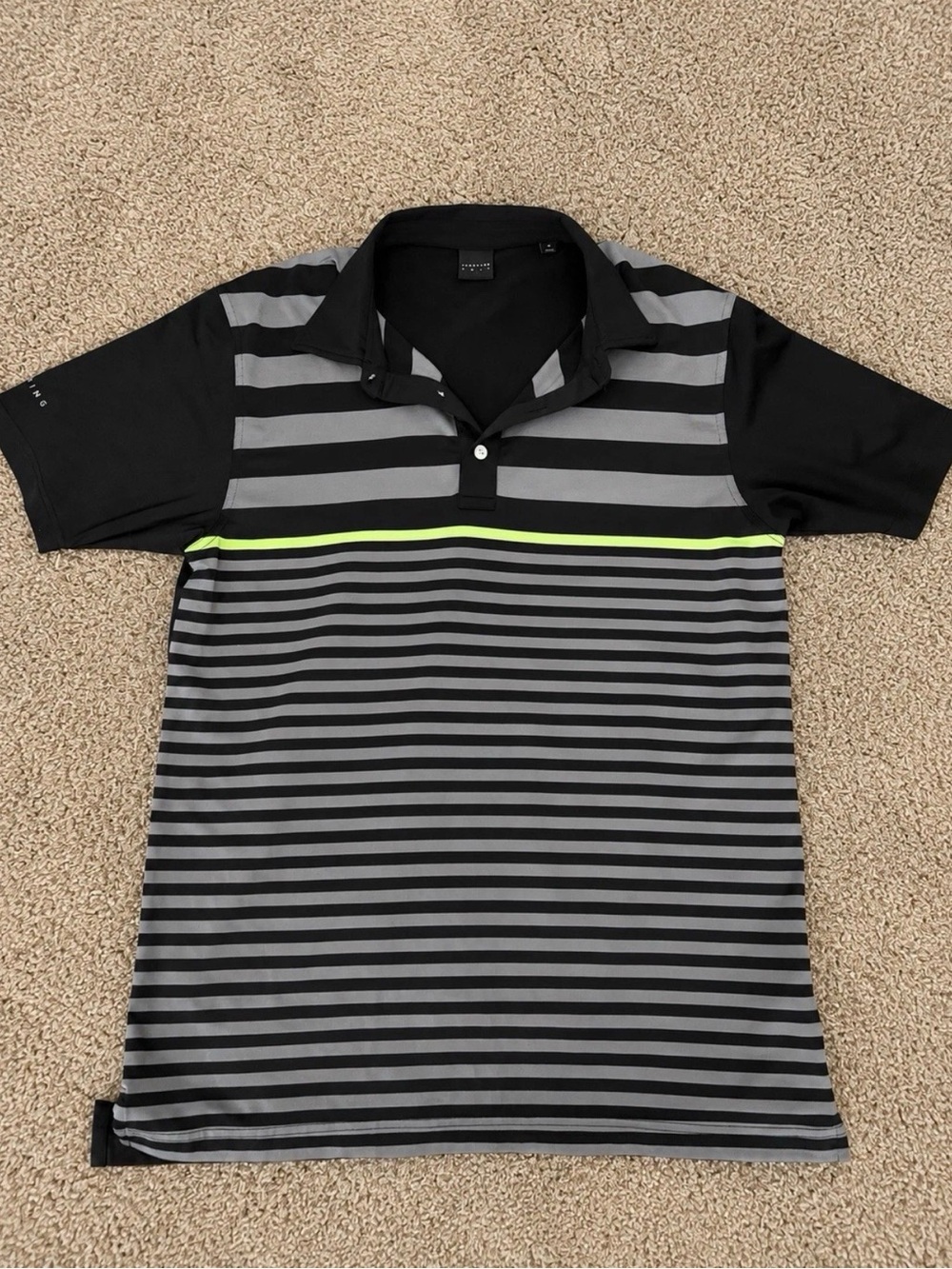 Dunning Golf Polo Shirt Men's Medium Black Gray Striped Performance Short Sleeve